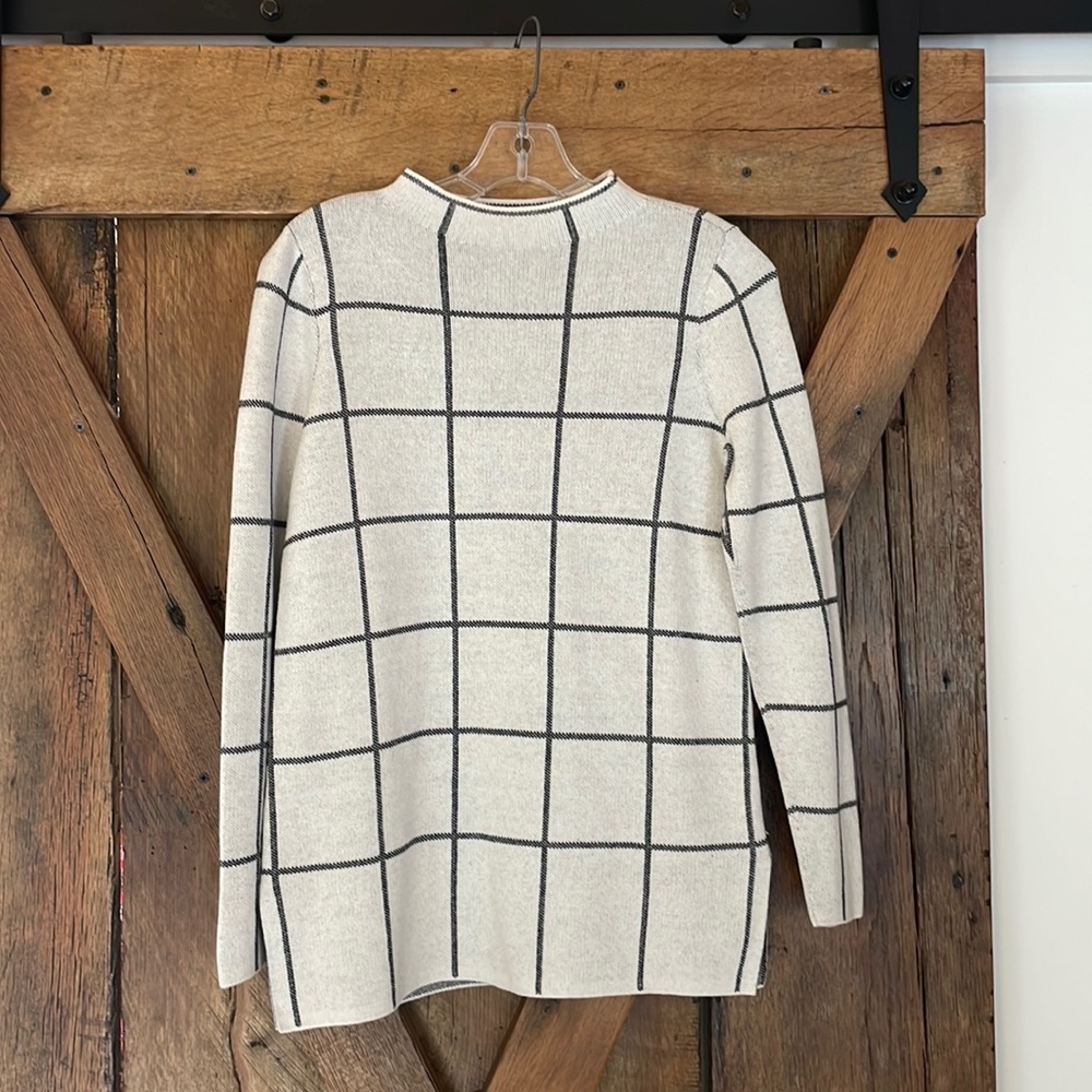 LOFT XS Off White & Black Plaid Mock Neck Tunic Sweater